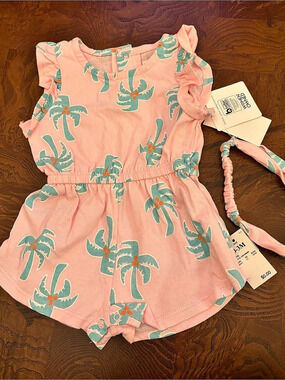 Tea Collection Palm Print Romper Pink & Green Baby 0-3 month NWT